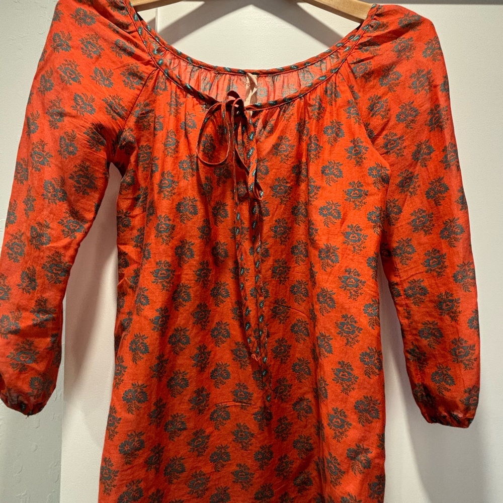 Bailey 44 Orange Floral Tie-Neck Blouse with Teal Print
